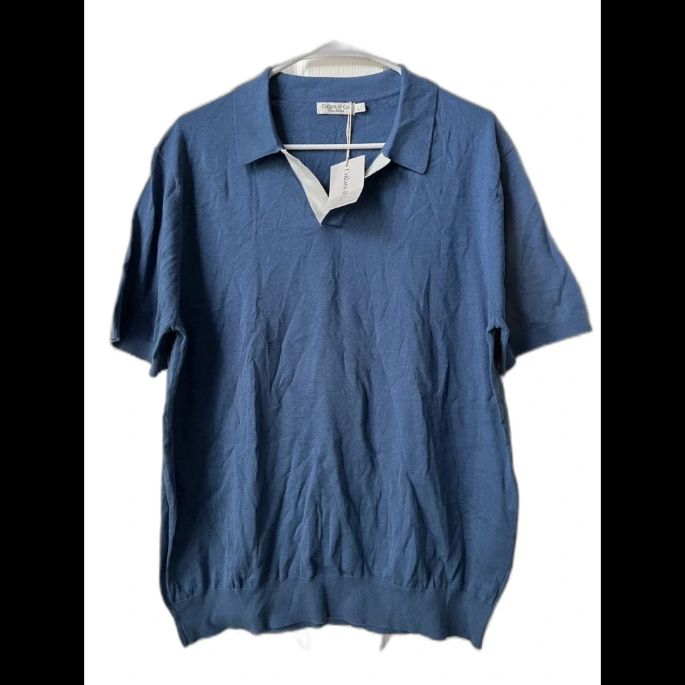 NEW Collars & Co Pure Cotton Polo Knit Navy Shirt Men's Large Short Sleeve Golf - Picture 1 of 6
